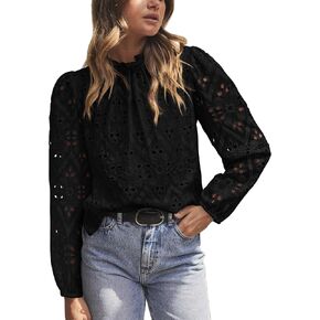 PRETTYGARDEN Womens Blouses Dressy Casual Embroidered Long Puff Sleeve Shirts Ruffle Eyelet Lace Top Fall Clothes