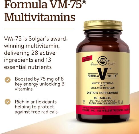 تركيبة سولجار VM-75، 180 قرصًا - فيتامينات متعددة مع معادن مخلبة - فيتامين A، B6، B12، C، D، E - البيوتين، المغنيسيوم، الكالسيوم، الحديد، الزنك - نباتي، خالي من الغلوتين، خالي من الألبان، كوشير - 180 حصة in Saudi Arabia