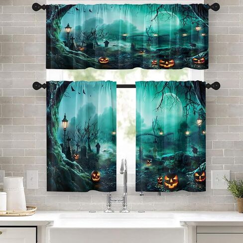 Arttown Halloween Black Cat Pumpkins Kitchen Window Curtains and Valances Set 36 Inch, Vintage Short Tier Curtain for Cafe Living Room Bathroom, Halloween Cute 3 Pieces Set Kitchen Decor in Saudi Arabia