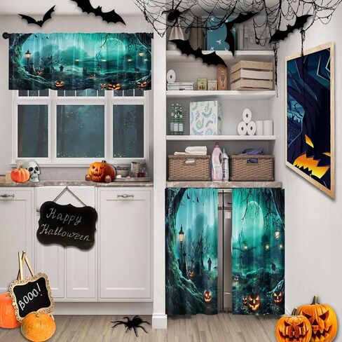 Arttown Halloween Black Cat Pumpkins Kitchen Window Curtains and Valances Set 36 Inch, Vintage Short Tier Curtain for Cafe Living Room Bathroom, Halloween Cute 3 Pieces Set Kitchen Decor in Saudi Arabia