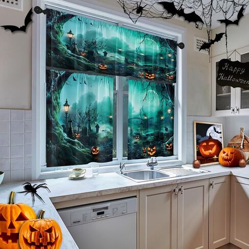 Arttown Halloween Black Cat Pumpkins Kitchen Window Curtains and Valances Set 36 Inch, Vintage Short Tier Curtain for Cafe Living Room Bathroom, Halloween Cute 3 Pieces Set Kitchen Decor in Saudi Arabia