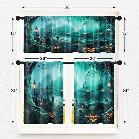 Arttown Halloween Black Cat Pumpkins Kitchen Window Curtains and Valances Set 36 Inch, Vintage Short Tier Curtain for Cafe Living Room Bathroom, Halloween Cute 3 Pieces Set Kitchen Decor in Saudi Arabia