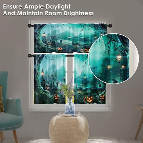 Arttown Halloween Black Cat Pumpkins Kitchen Window Curtains and Valances Set 36 Inch, Vintage Short Tier Curtain for Cafe Living Room Bathroom, Halloween Cute 3 Pieces Set Kitchen Decor in Saudi Arabia