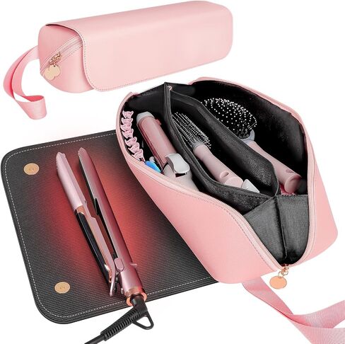 حقيبة سفر من SS Hair Tools وحصيرة مقاومة للحرارة للأدوات الساخنة، حقيبة سفر جلدية لمكواة تجعيد الشعر لأدوات الشعر، أساسيات السفر المحمولة للنساء، أسود in Kuwait