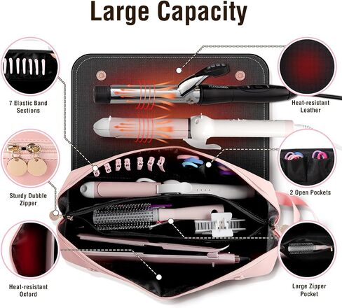 حقيبة سفر من SS Hair Tools وحصيرة مقاومة للحرارة للأدوات الساخنة، حقيبة سفر جلدية لمكواة تجعيد الشعر لأدوات الشعر، أساسيات السفر المحمولة للنساء، أسود in Kuwait