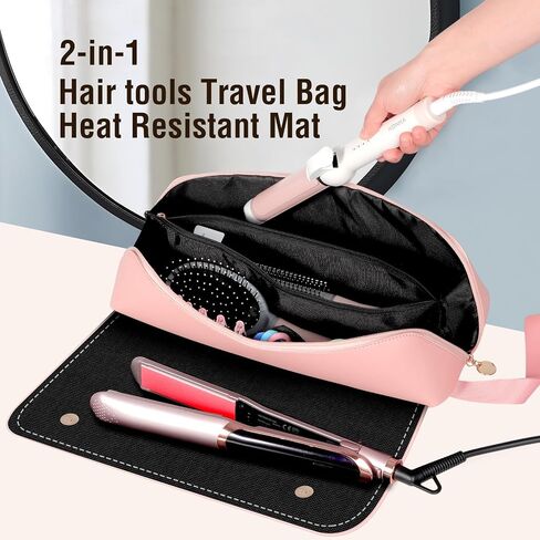 حقيبة سفر من SS Hair Tools وحصيرة مقاومة للحرارة للأدوات الساخنة، حقيبة سفر جلدية لمكواة تجعيد الشعر لأدوات الشعر، أساسيات السفر المحمولة للنساء، أسود in Kuwait