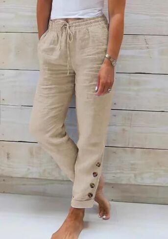 Womens Linen Pants with Pockets High Waist Comfy White Summer Pants Lightweight Loose Trousers in Saudi Arabia