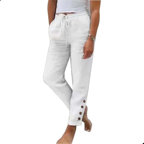 Womens Linen Pants with Pockets High Waist Comfy White Summer Pants Lightweight Loose Trousers in Saudi Arabia