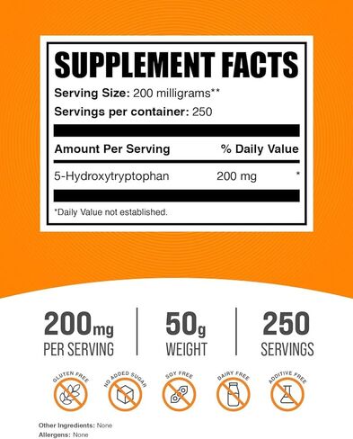 BULKSUPPLEMENTS.COM مسحوق 5-HTP - 5-Hydroxytryptophan، مكمل 5 HTP، 5-HTP 200 مجم - من مستخلص بذور جريفونيا - خالي من الغلوتين، 200 مجم من مكمل HTP5 لكل وجبة، 50 جم (1.8 أونصة) in Kuwait