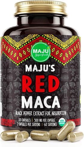 كبسولات جذر الماكا 4 في 1 من Maju Superfoods، جذور عضوية سوداء وصفراء وحمراء مع مستخلص الفلفل الأسود للامتصاص (120 قيراط) | منتج بيرو، مسحوق بيرو، مكمل غذائي للرجال والنساء، 60.000 ملغ in Kuwait