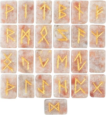 Crocon Sunstone rectangle shape gemstone runes with Elder Futhark Alphabet Engraved 25 pcs rune set Crystal Divination metaphysical Healing Chakra Reiki runes set with a pouch Size : 20-25mm in Kuwait