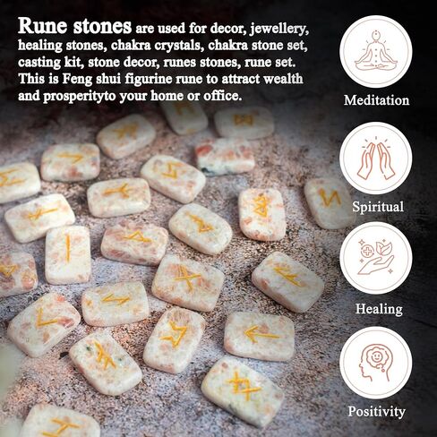 Crocon Sunstone rectangle shape gemstone runes with Elder Futhark Alphabet Engraved 25 pcs rune set Crystal Divination metaphysical Healing Chakra Reiki runes set with a pouch Size : 20-25mm in Kuwait