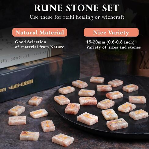 Crocon Sunstone rectangle shape gemstone runes with Elder Futhark Alphabet Engraved 25 pcs rune set Crystal Divination metaphysical Healing Chakra Reiki runes set with a pouch Size : 20-25mm in Kuwait