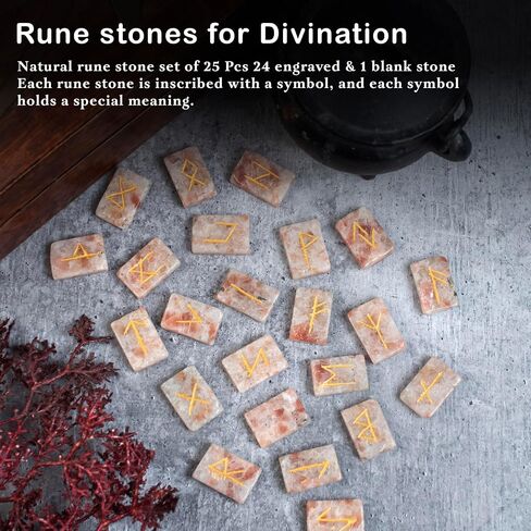 Crocon Sunstone rectangle shape gemstone runes with Elder Futhark Alphabet Engraved 25 pcs rune set Crystal Divination metaphysical Healing Chakra Reiki runes set with a pouch Size : 20-25mm in Kuwait