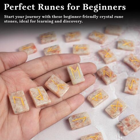 Crocon Sunstone rectangle shape gemstone runes with Elder Futhark Alphabet Engraved 25 pcs rune set Crystal Divination metaphysical Healing Chakra Reiki runes set with a pouch Size : 20-25mm in Kuwait