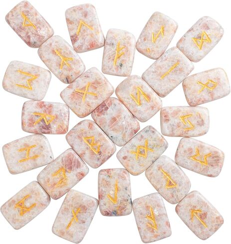 Crocon Sunstone rectangle shape gemstone runes with Elder Futhark Alphabet Engraved 25 pcs rune set Crystal Divination metaphysical Healing Chakra Reiki runes set with a pouch Size : 20-25mm in Kuwait