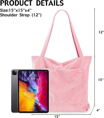 Corduroy Tote Bag for Women Large Hobo Bags Tote Bag with Zipper Casual Shoulder Handbags Work Shopping Bag in Saudi Arabia