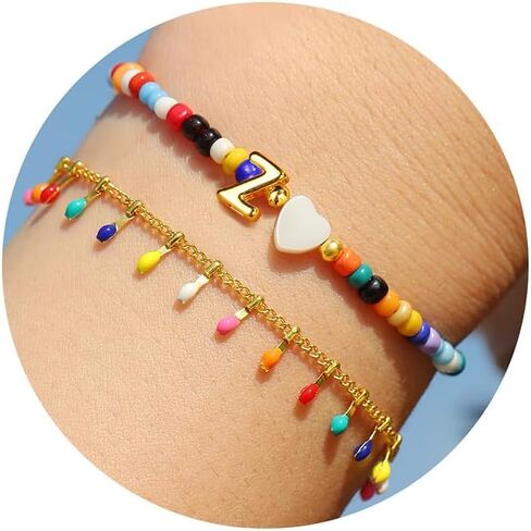 Turandoss Colorful Beaded Bubble Letter Bracelets for Girls Women Gifts - Gold Initial A-Z Bracelets for Teen Girl Women, Gold Charm Bracelet Jewelry for Teen Girls Women in Saudi Arabia