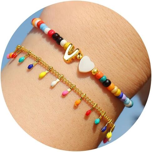 Turandoss Colorful Beaded Bubble Letter Bracelets for Girls Women Gifts - Gold Initial A-Z Bracelets for Teen Girl Women, Gold Charm Bracelet Jewelry for Teen Girls Women in Saudi Arabia