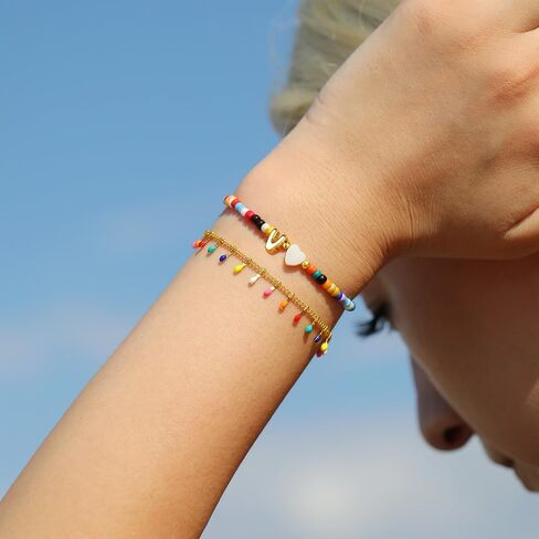 Turandoss Colorful Beaded Bubble Letter Bracelets for Girls Women Gifts - Gold Initial A-Z Bracelets for Teen Girl Women, Gold Charm Bracelet Jewelry for Teen Girls Women in Saudi Arabia