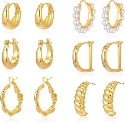 6 Pairs Chunky Gold Hoop Earrings Set for Women, 14K Gold Plated Lightweight Hypoallergenic Thick Open Hoop Earrings for Gift in Saudi Arabia