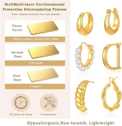 6 Pairs Chunky Gold Hoop Earrings Set for Women, 14K Gold Plated Lightweight Hypoallergenic Thick Open Hoop Earrings for Gift in Saudi Arabia