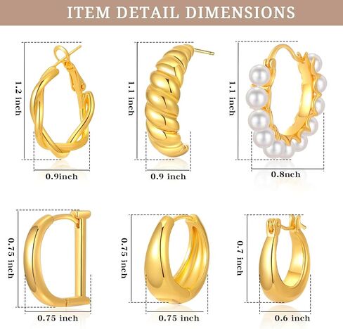 6 Pairs Chunky Gold Hoop Earrings Set for Women, 14K Gold Plated Lightweight Hypoallergenic Thick Open Hoop Earrings for Gift in Saudi Arabia