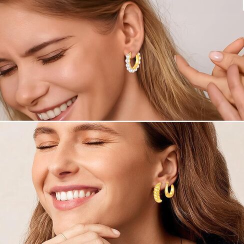6 Pairs Chunky Gold Hoop Earrings Set for Women, 14K Gold Plated Lightweight Hypoallergenic Thick Open Hoop Earrings for Gift in Saudi Arabia