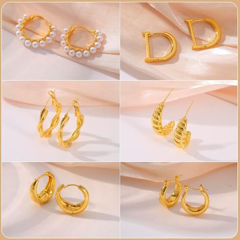 6 Pairs Chunky Gold Hoop Earrings Set for Women, 14K Gold Plated Lightweight Hypoallergenic Thick Open Hoop Earrings for Gift in Saudi Arabia