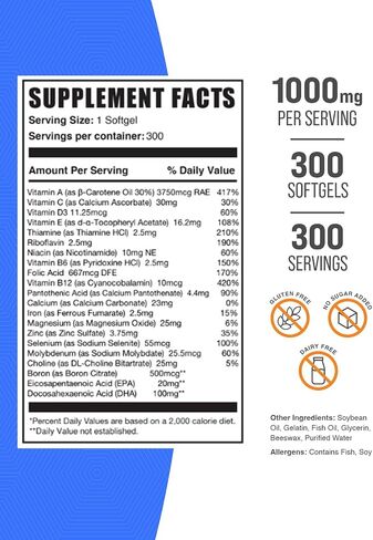 BULKSUPPLEMENTS.COM فيتامينات متعددة للنساء - فيتامينات يومية متعددة مع زيت السمك، مكملات متعددة المعادن، فيتامينات يومية - 1 كبسولة هلامية متعددة الفيتامينات للنساء لكل وجبة، كمية تكفي 300 يوم، 300 كبسولة هلامية in Kuwait