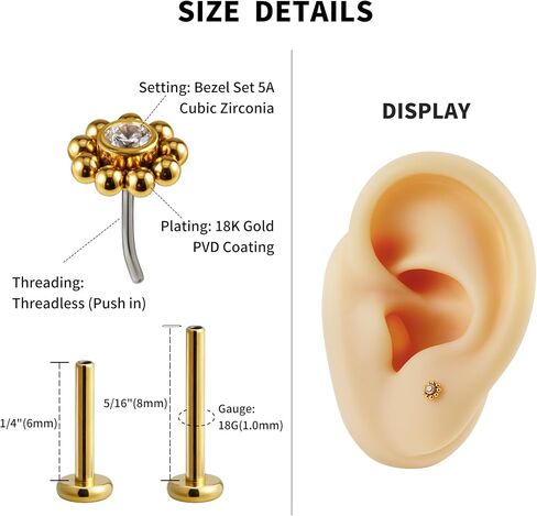 FINE4U Mini Threadless Flat Back Earring Stud for Tragus Conch Helix 18G 6mm 8mm - ASTM F136 Titanium Cartilage Piercing Jewelry in Saudi Arabia