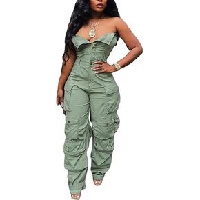 Sexyshine Women's Camo Print Tube Jumpsuit Wrapped Button Up Sleeveless Camouflage Long Cargo Rompers Overalls