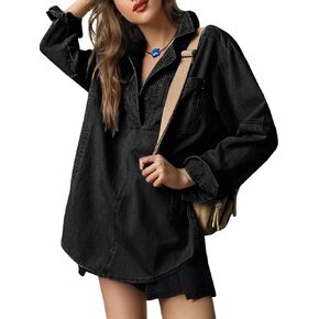 Women's Long Sleeve Denim Tops Casual V Neck Loose Fit Jean Pullover Shirt Jacket with Pockets
