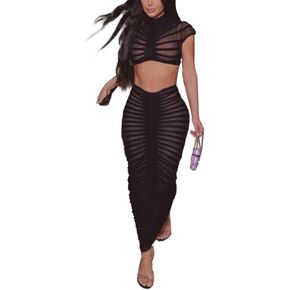 Sexy See Through Long Dress Knitted Sheer Mock Neck Crop Top and Maxi Skirt 2 Piece Outfits Sets