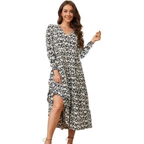 Beautiful Nomad Women's Long Sleeve Floral Midi Dress Boho Casual V Neck High Waist Flowy Ruffle Long Dresses
