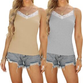 Amilia Women's 2-Pack Sexy V Neck Lace Cami Tank Tops Ribbed Camisole Casual Basic Layer Shirts Y2K E-Girl Outfits