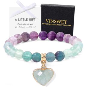 Healing Crystal Bracelet, Natural Spiritual Gemstone Bead Bracelet 8MM Purple Amethyst Heart Charm Stretch Bracelet Relief Depression Anxiety Stress Inspirational Jewelry Gifts with Wish Card for Women