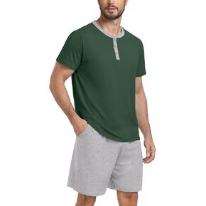 PrinStory Mens Pajama Set Pjs Sleepwear Lightweight Quick Dry Cozy Short Sleeve Button Neck Shirts and Shorts Sleep Sets