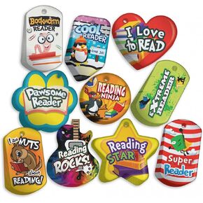 Student Reading Incentives Brag Tag Value Pack: 100 Tags (10 Tags for Each Shape) + 25 USA-Made 24" Hypoallergenic Aluminum Safety Chains
