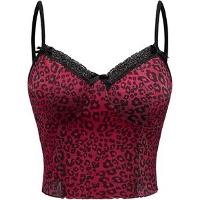 SOLY HUX Women's Y2k Lace Trim Leopard Print Camisole Tops Sleeveless Spaghetti Strap Cheetah Crop Tank Top