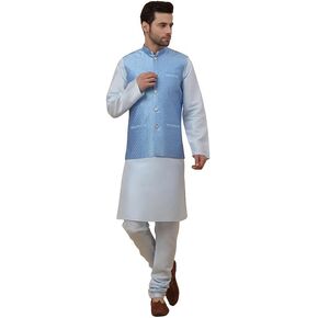 Men's Silk Blend Kurta, Churidar With Silk Blend Geometric Nehru Jacket set, Ethnic Traditional Wear