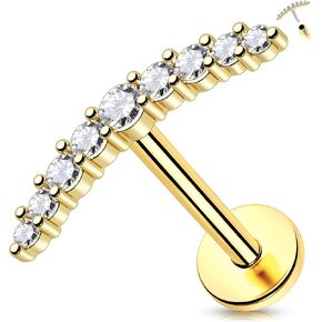 Melighting 14K Solid Gold Flat Back Earring Clear Cz Curved Threadless Earring Titanium Threadless Push In Earring 16G Gold Cartilage Earring Conch Piercing Jewelry For Women