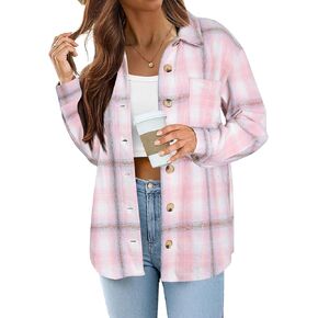 Zeagoo Women Flannel Shacket Jacket Plaid Button Down Long Sleeve Shirt Fall Outfits 2024