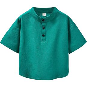 KISBINI Boys Linen Button Down Henley Shirt Short Sleeve Summer T Shirt Tops