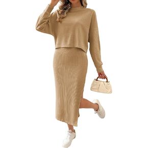 Kate Kasin Women 2 Piece Sweater Skirt Set Long Sleeve Ribbed Knit Top and Bodycon Midi Skirt 2024 Fall Fashion Outfits