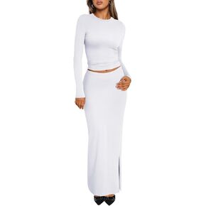 Trendy Queen Two Piece Skirt Set for Women Long Sleeve Crop Tops Bodycon Maxi Skirts 2024 Fall Fashion Matching Sets