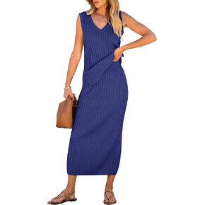 Women's 2 Piece Outfits Summer Sweater Skirt Sets Casual Sleeveless V Neck Ribbed Vest Knit Tops Midi Dress