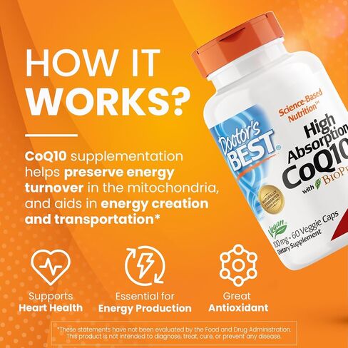 Doctor's Best High Absorption CoQ10 with BioPerine, Vegan, Gluten Free, Naturally Fermented, Heart Health & Energy Production, 100 mg 60 Veggie Caps in Saudi Arabia