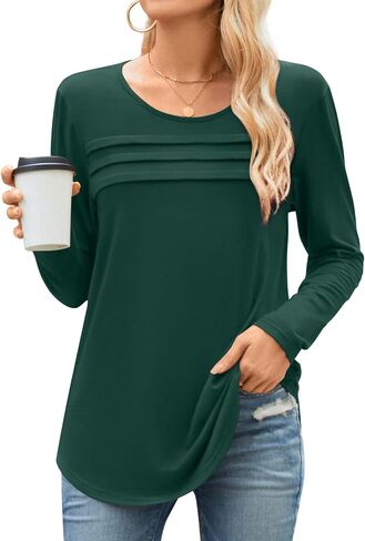 Anyhold Womens Fall Long Sleeve Tunic Tops Basic Pullover Dressy Casual Shirts Fashion Pleated Business Blouses in Kuwait