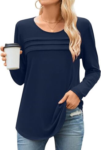 Anyhold Womens Fall Long Sleeve Tunic Tops Basic Pullover Dressy Casual Shirts Fashion Pleated Business Blouses in Kuwait